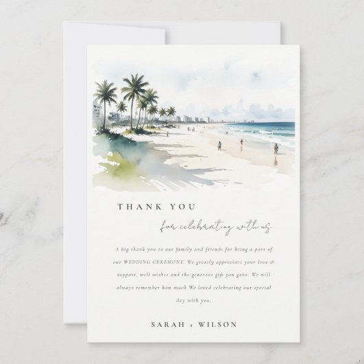 コースタルマイアミビーチパームツリーウォーター結婚カラー サンキューカード (正面)