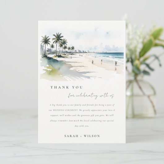 コースタルマイアミビーチパームツリーウォーター結婚カラー サンキューカード (スタンド正面)