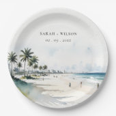 コースタルマイアミビーチパームツリーウォーター結婚カラー ペーパープレート (正面)