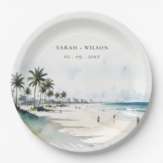 コースタルマイアミビーチパームツリーウォーター結婚カラー ペーパープレート (正面)