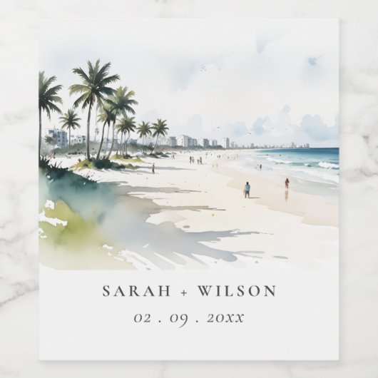 コースタルマイアミビーチパームツリーウォーター結婚カラー ワインラベル (シングルラベル)