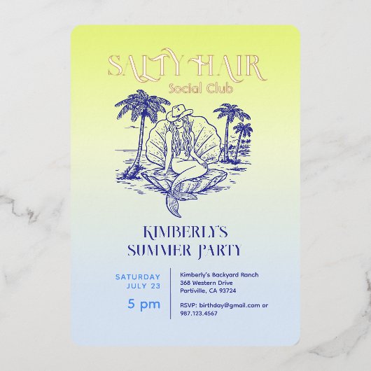 コースタルマーメイド女性のカーボーイサマーパーティーバラ金ゴールド 箔招待状 (正面)