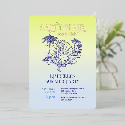 コースタルマーメイド女性のカーボーイサマーパーティーバラ金ゴールド 箔招待状 (立ち正面)