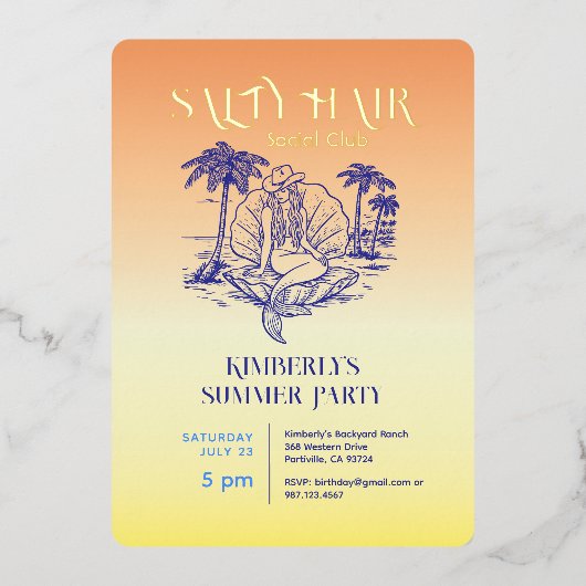 コースタルマーメイド女性のカーボーイサマーパーティー金ゴールド 箔招待状 (正面)