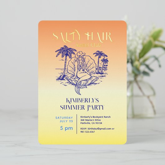 コースタルマーメイド女性のカーボーイサマーパーティー金ゴールド 箔招待状 (立ち正面)