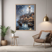 コースタルライトハウスアットトワイライトア航海のート ポスター