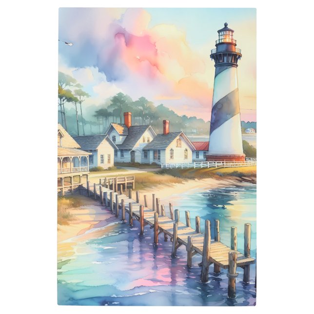 コースタルライトハウス&ビーチコテージシーン メタルプリント (正面)