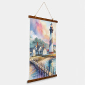 コースタルライトハウス&ビーチコテージシーン 吊り下げ型タペストリー (傾斜あり)