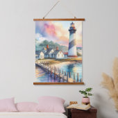 コースタルライトハウス&ビーチコテージシーン 吊り下げ型タペストリー (寝室)