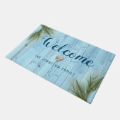 コースタルライトブルー素朴ウッド名ようこそ ドアマット (アングル)