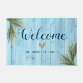 コースタルライトブルー素朴ウッド名ようこそ ドアマット (正面)