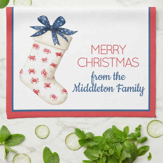 コースタルレッドカニのクリスマスストッキング キッチンタオル (折り畳み)