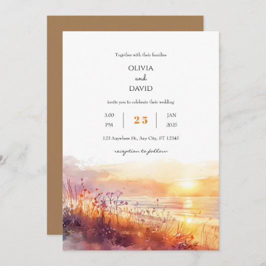 コースタルワイルドフラワーズアットサンセットアートビーチ結婚式 招待状 (正面/裏面)