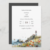 コースタルワイルドフラワーライトハウスビュービーチウェディング 招待状 (正面/裏面)