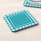 コースターのセット，ティール（緑がかった色）チェックジンガムと水玉模様 コースター (左側)