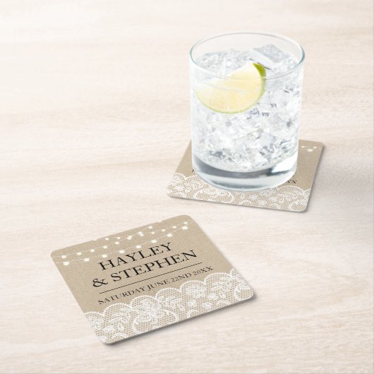 コースターのバーラップのレースは素朴な結婚披露宴をつけます スクエアペーパーコースター (インサイチュ)