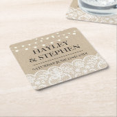 コースターのバーラップのレースは素朴な結婚披露宴をつけます スクエアペーパーコースター (アングル)