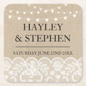 コースターのバーラップのレースは素朴な結婚披露宴をつけます スクエアペーパーコースター (正面)