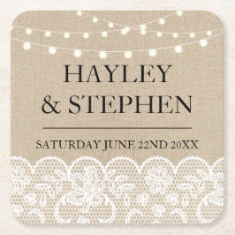 コースターのバーラップのレースは素朴な結婚披露宴をつけます スクエアペーパーコースター