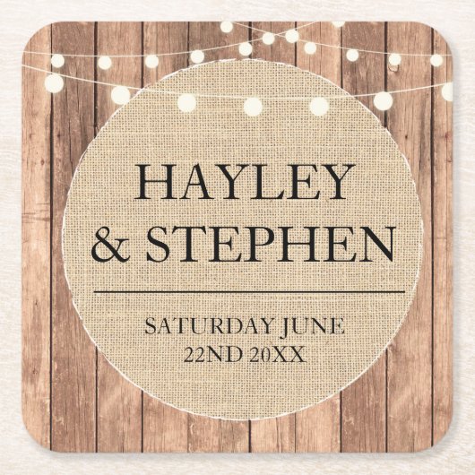 コースターのバーラップは素朴な結婚披露宴をつけます スクエアペーパーコースター (正面)