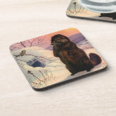 コースターの冬の野性生物の《鳥》アメリカゴガラの鳥及びビーバー コースター (左側)