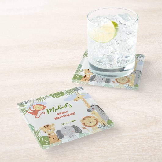 コースターの最初の誕生日かわいい動物。 ガラスコースター (アングル)