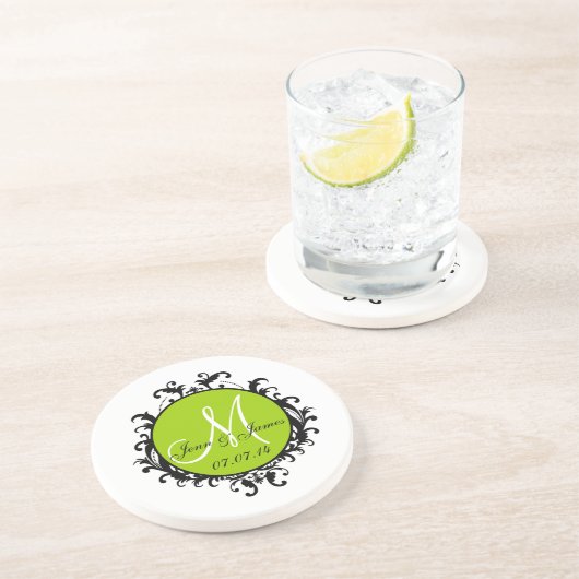 コースターの緑を結婚する日付のイニシャルの名前を救って下さい コースター (側面)