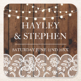 コースターウッドレースライトウェディング素朴パーティー スクエアペーパーコースター