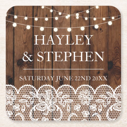 コースターウッドレースライトウェディング素朴パーティー スクエアペーパーコースター (正面)