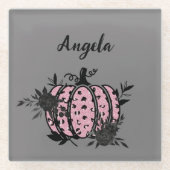 コースターパーソナライズされた、ピンクと黒のカボチャ ガラスコースター (正面)