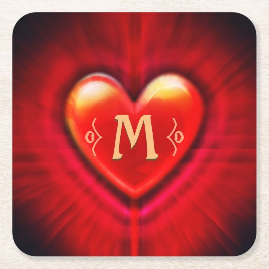 コースターレッドパルスハートモカスタムノグラムイニシャル スクエアペーパーコースター (正面)