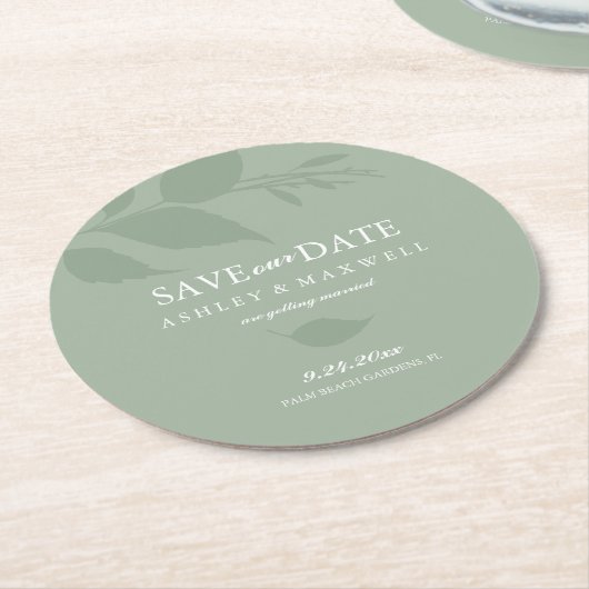 コースター結婚式の日付を緑に保存 ラウンドペーパーコースター (アングル)