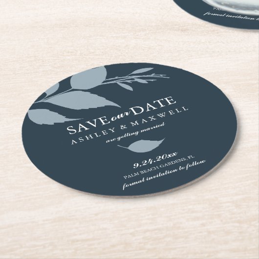 コースター結婚式の日付を青で保存 ラウンドペーパーコースター (アングル)
