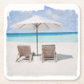 コースター、紙 – 水彩ビーチ椅子 スクエアペーパーコースター (正面)