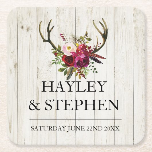 コースター〔雄ジカの〕枝角素朴スタグウェディングパーティー スクエアペーパーコースター (正面)