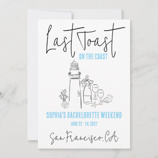 コーストウィークエンドでの最後のトーストバチェロレッテ 招待状 (正面)