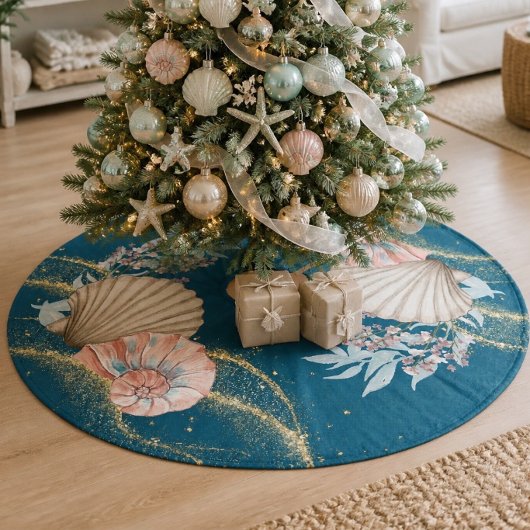 コーストクリスマス | ティールブルーの貝殻 フリース ツリースカート
