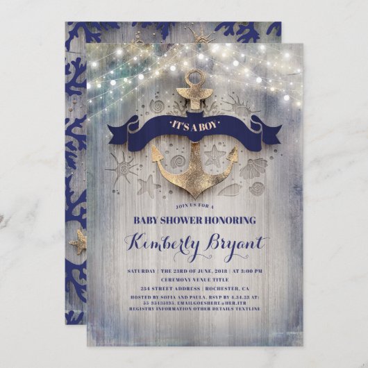コーストゴールデン航海のいかりベビーシャワー 招待状 (正面/裏面)