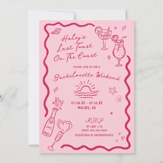 コーストピンクの週末の最後のトーストバチェロレッテ 招待状 (正面)