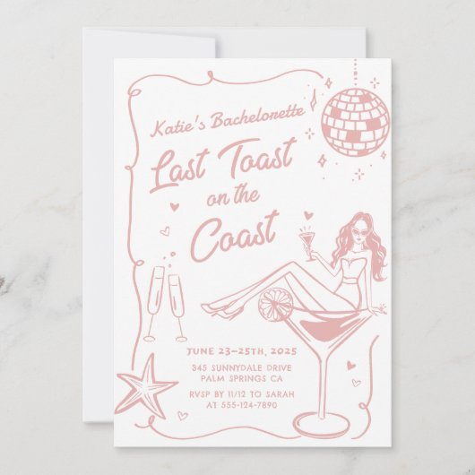 コーストピンクの週末の最後のトーストバチェロレッテ 招待状 (正面)