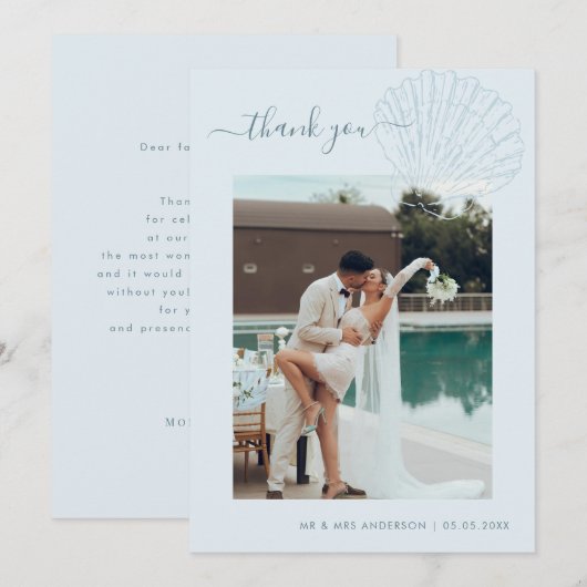コーストブルーの手描きシェル写真の結婚式 サンキューカード (正面/裏面)