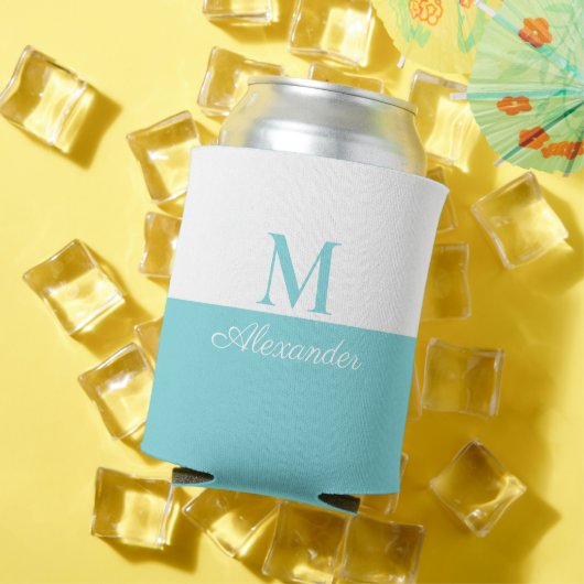 コーストブルーモダンティール(緑がかった色)ホワイトモノグラム 缶クーラー (インサイチュ 夏)