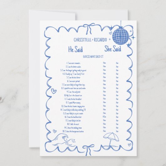 コースト彼は彼女はブライダルシャワーゲームカードと言った 案内状 (正面)