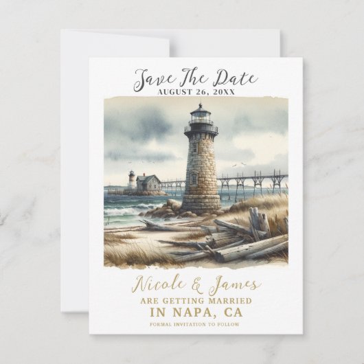 コースト素朴ライトハウスシーサイド日付を保存 招待状 (正面)