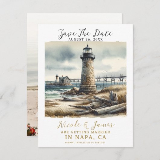 コースト素朴ライトハウスシーサイド日付を保存 招待状 (正面/裏面)