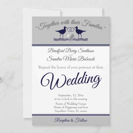 コースト航海のグレイホワイトネイビーブルーサンドパイパー 招待状 (正面)