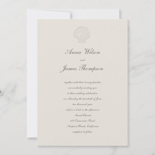 コースト航海のシェルクラシックベージュ色スクリプト結婚の 招待状 (正面)