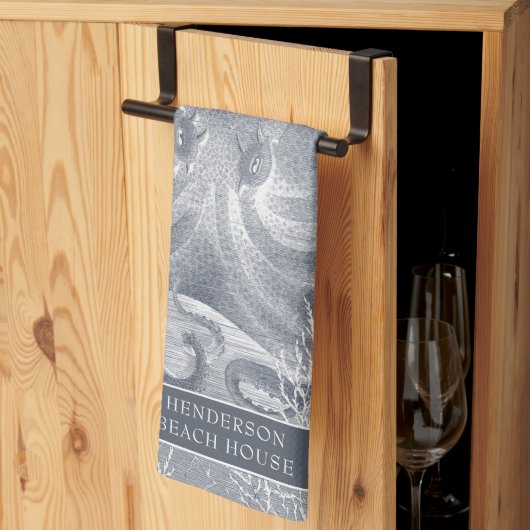 コースト航海のビーチハウスブルーホワイトタコ キッチンタオル (三つ折り)