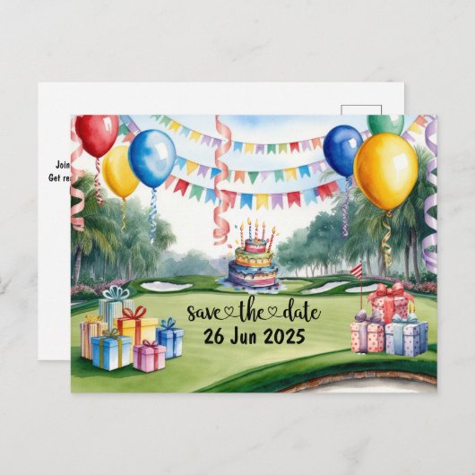 コース上のゴルフバースデーパーティーの装飾 インビテーションポストカード (正面/裏面)