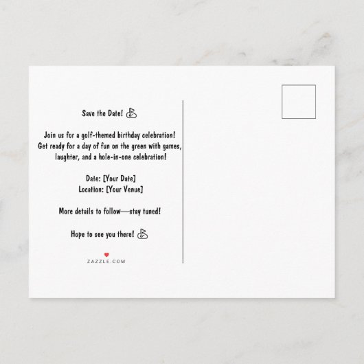 コース上のゴルフバースデーパーティーの装飾 インビテーションポストカード (裏面)